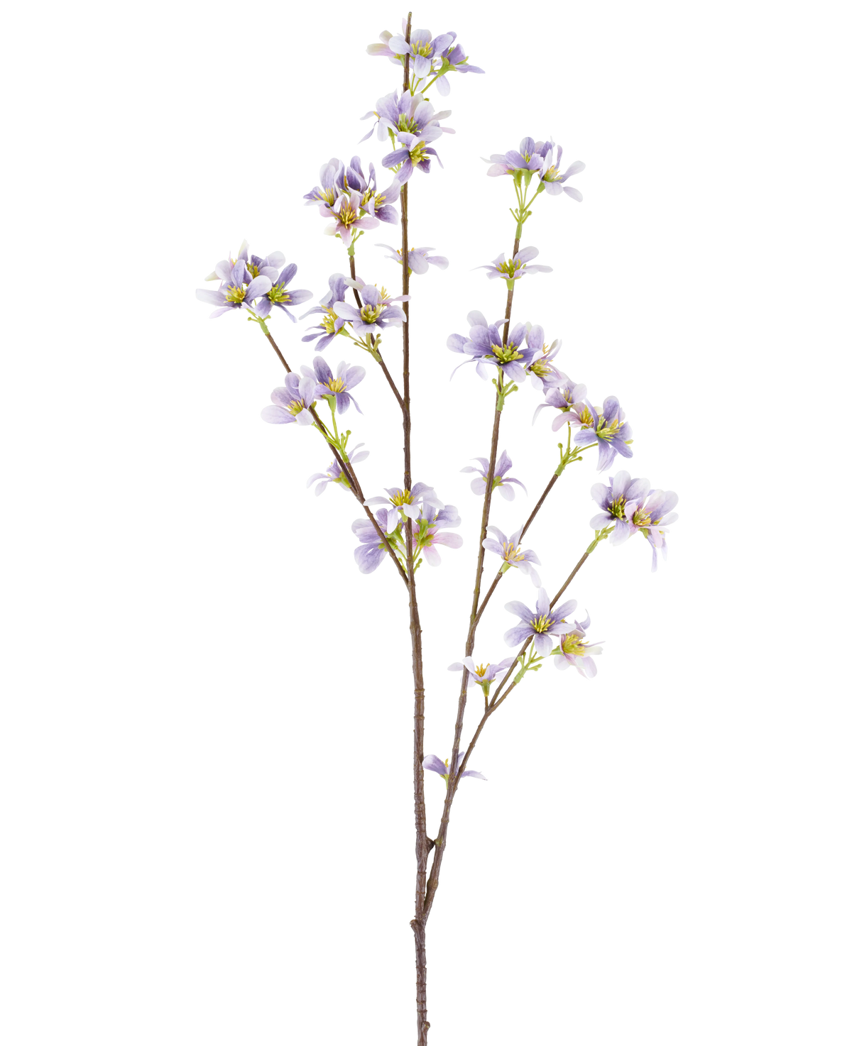 Een „Kunstbloementak 112 cm paars” met één bloeiende tak met delicate lavendelpaarse bloemen en gele hartjes op slanke bruine stelen, afgebeeld tegen een witte achtergrond.
