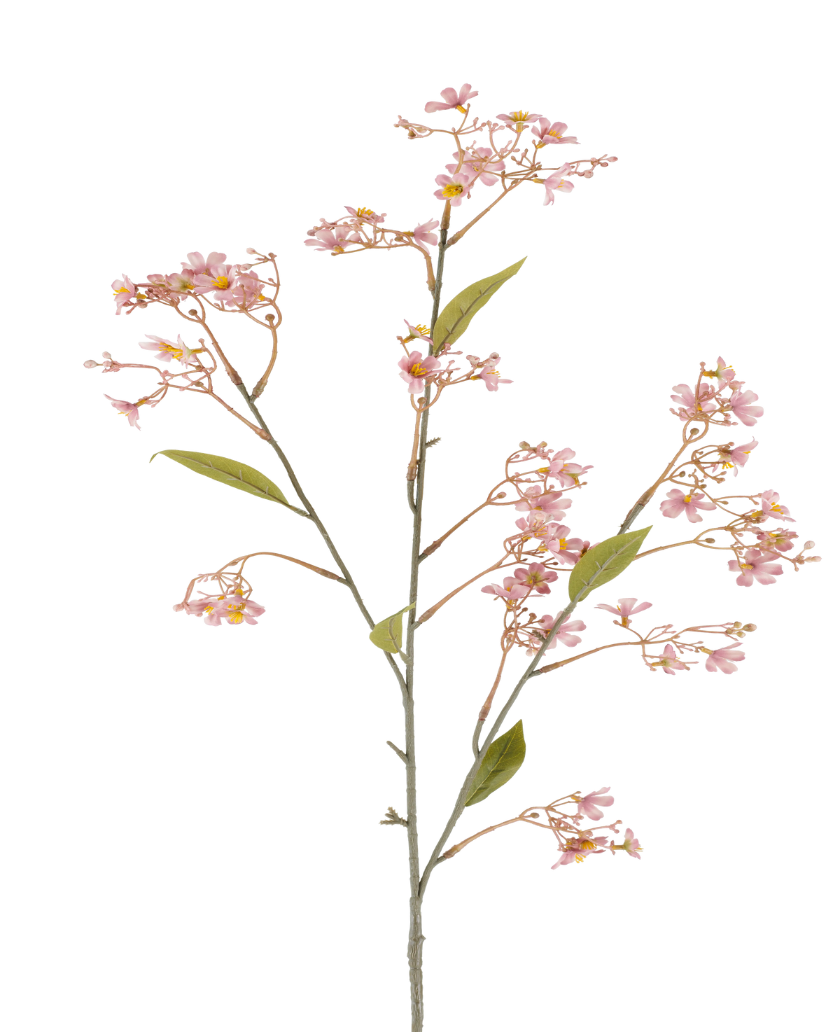 Een enkele stengel van de Kunstbloem Daphne van 108 cm in oudroze, met kleine trossen zachtroze bloemen en enkele groene blaadjes tegen een witte achtergrond.