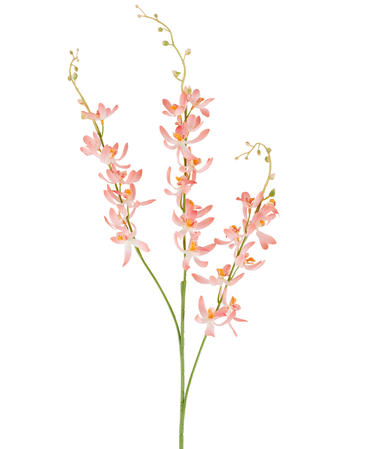 Drie lange groene stelen van de Kunstbloem Cymbidium 95 cm perzik, met trossen delicate perzikkleurige orchideebloemen en kleine gele knoppen, tegen een effen witte achtergrond.