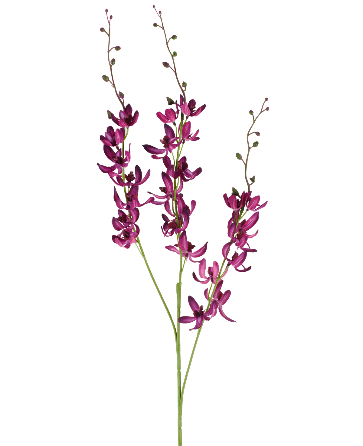 Drie lange stelen van de Kunstbloem Cymbidium van 95 cm in levendig paars, met kleine groene knoppen, tegen een effen witte achtergrond.