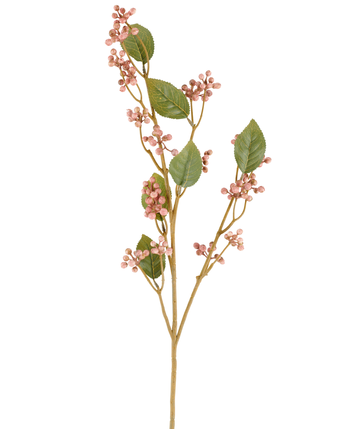 Een enkele stengel van de Kunstbloem Dewberry, 78 cm hoog in oudroze, met groene blaadjes en trossen kleine, ronde, roze bessen aan slanke bruine steeltjes, afgebeeld tegen een effen witte achtergrond.
