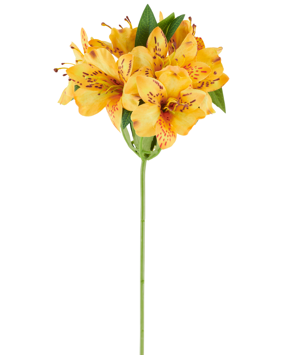 Een kunstbloem Alstroemeria van 47 cm, geel, met levendig geeloranje gevlekte bloemblaadjes en weelderig groen blad aan een enkele groene steel, afgebeeld tegen een witte achtergrond.