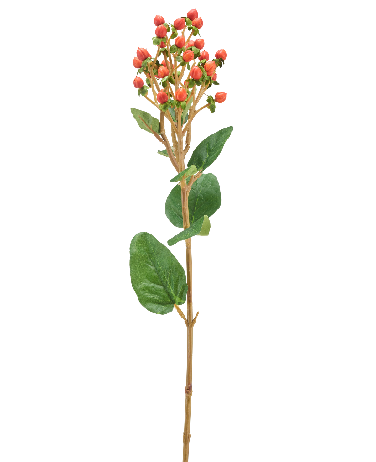 Een enkele Kunstbloem Hypericum van 65 cm met trossen kleine oranje/rode bessen en groene bladeren tegen een lichte achtergrond.