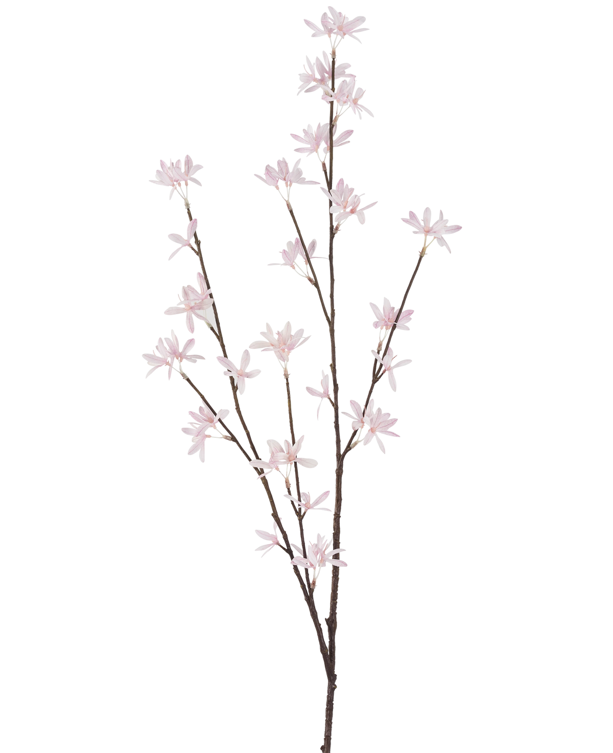 De Kunstbloem Wilde bloemen 112 cm lichtroze is een enkele bruine tak met meerdere dunne stelen, elk versierd met kleine, delicate lichtroze bloemen, weergegeven op een effen witte achtergrond.