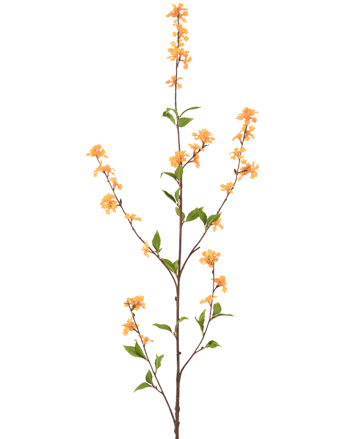 Een hoge, slanke Kunstbloem Bloemen 119 cm geel met verschillende uitlopers met trossen kleine gele bloemen en groene bladeren, geïsoleerd op een witte achtergrond.