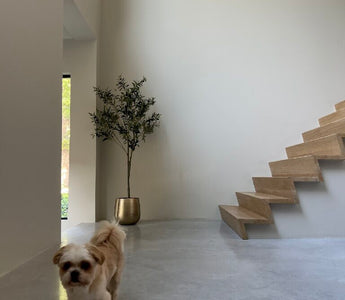 Dyrevennlig interiør med kunstige planter og blomster