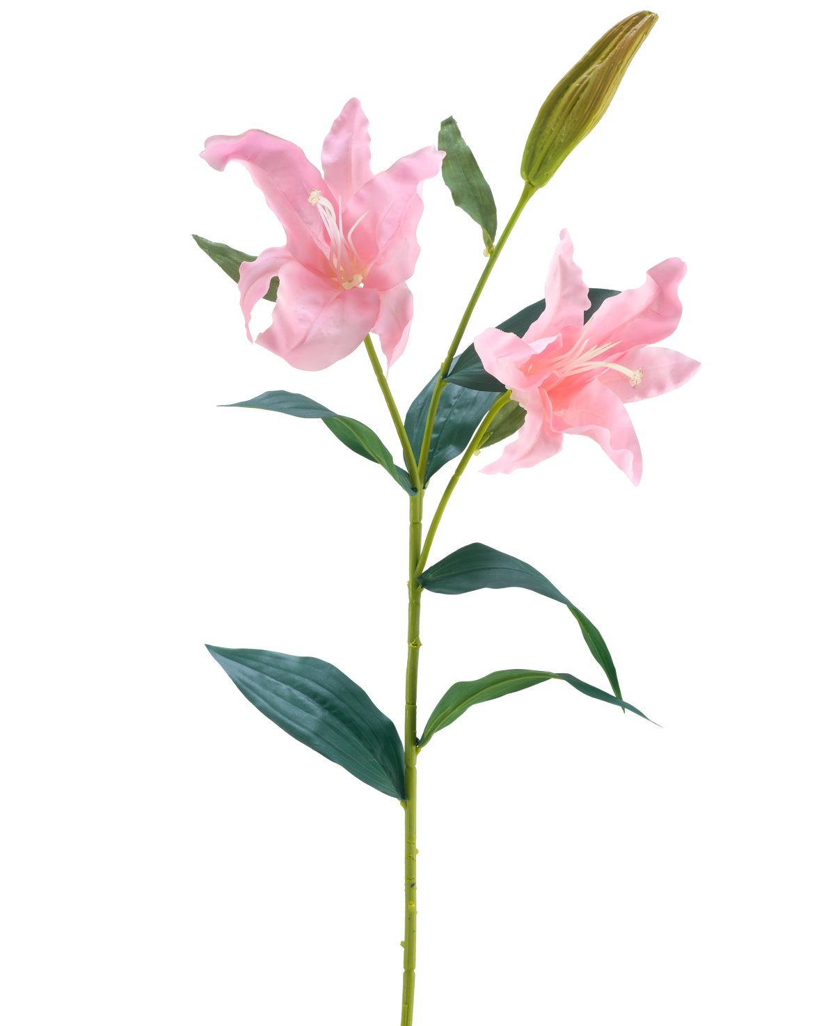 De Kunstbloem Lelie Real Touch roze 95 cm heeft een enkele groene steel met twee bloeiende roze lelies en een gesloten knop, omringd door lange, puntige groene bladeren, tegen een witte achtergrond.