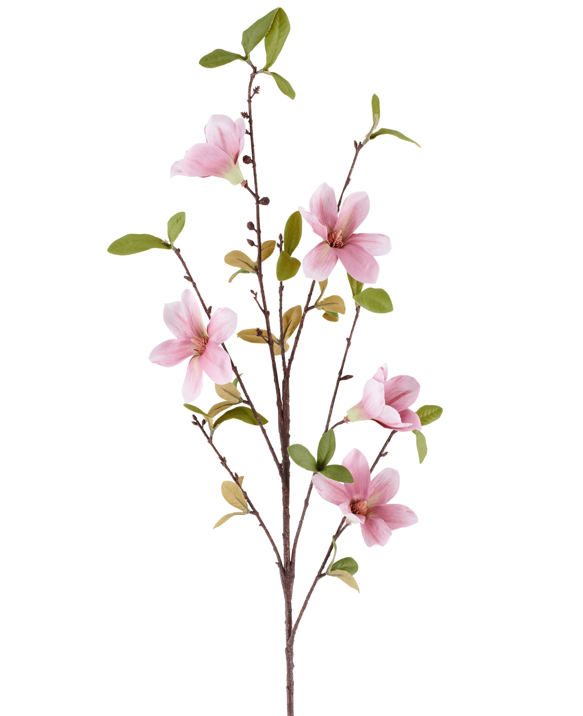 Een slanke Kunstbloem Magnolia-tak van 94 cm in oudroze, met verschillende roze magnoliabloemen en groene bladeren tegen een witte achtergrond.