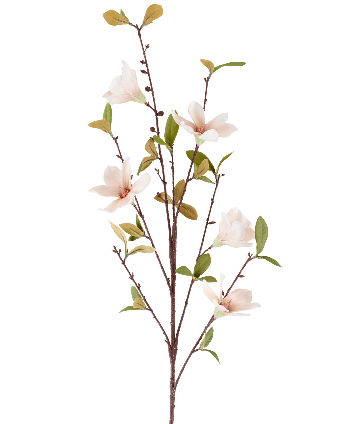 Een kunstbloem Magnolia van 94 cm, crèmekleurig/bruin, met verschillende lichtroze bloemen en groene bladeren aan dunne bruine stelen, afgebeeld tegen een effen witte achtergrond.