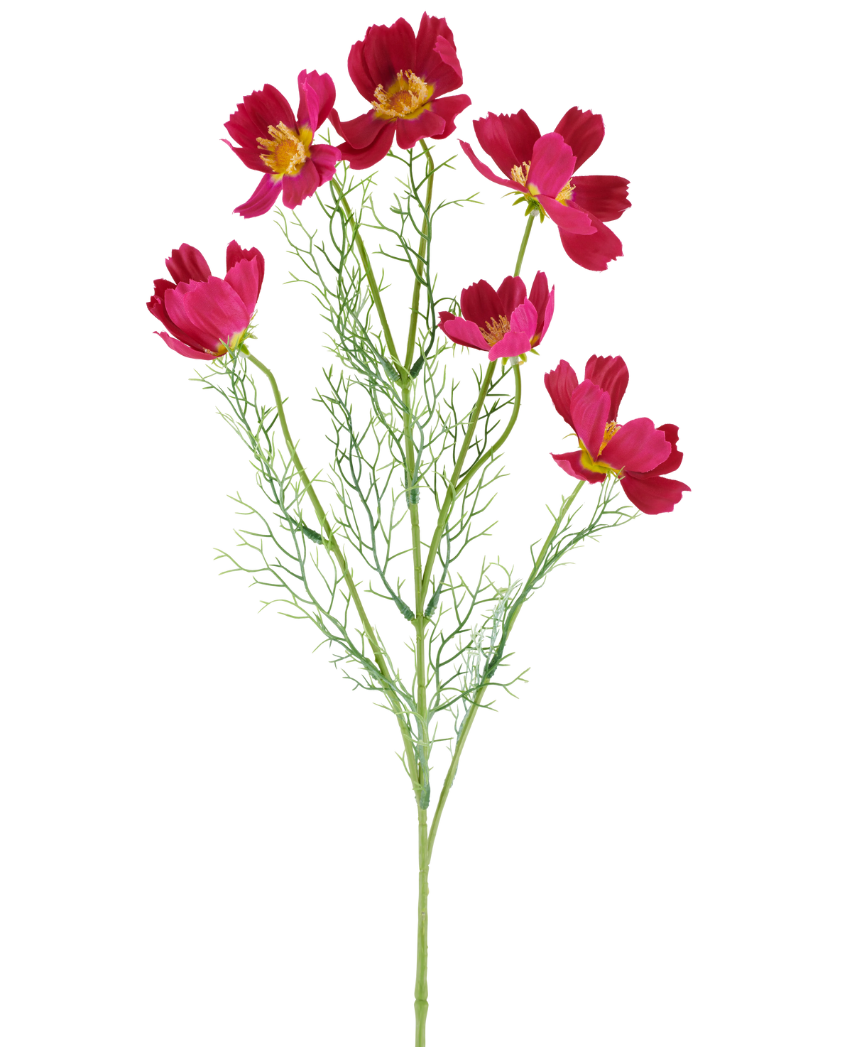 De Kunstbloem Cosmo 78 cm fuchsia bestaat uit levendige fuchsia-kleurige cosmosbloemen met gele hartjes en delicate, vederachtige groene blaadjes, tegen een witte achtergrond.