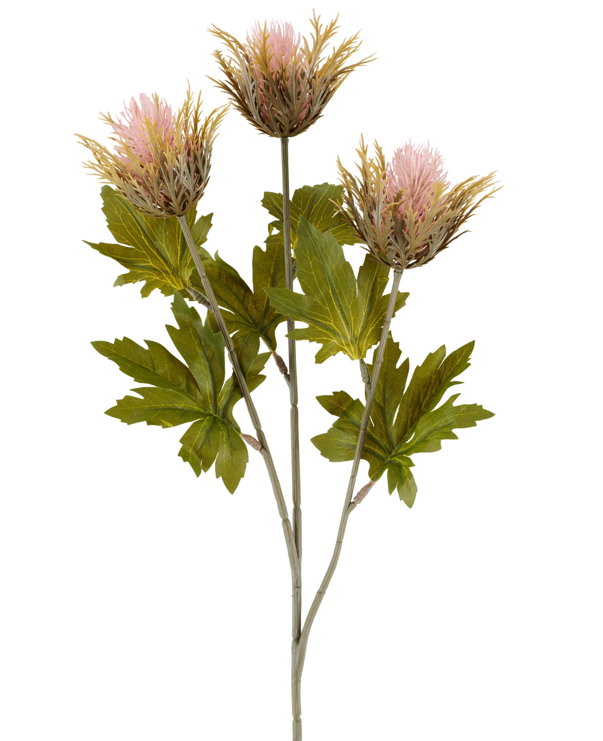 Kunstbloem Distel 67 cm oudroze bestaat uit drie roze en goudkleurige, stekelige kunstdistelbloemen met groene bladeren aan grijze stelen, afgebeeld tegen een witte achtergrond.