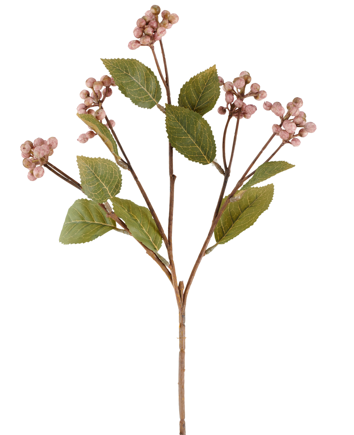 Een enkele mauve Kunstbloem Wild Berry-steel, 53 cm hoog, met meerdere takken waarop trossen kleine, ronde mauve bessen en diverse ovale groene blaadjes tegen een witte achtergrond.