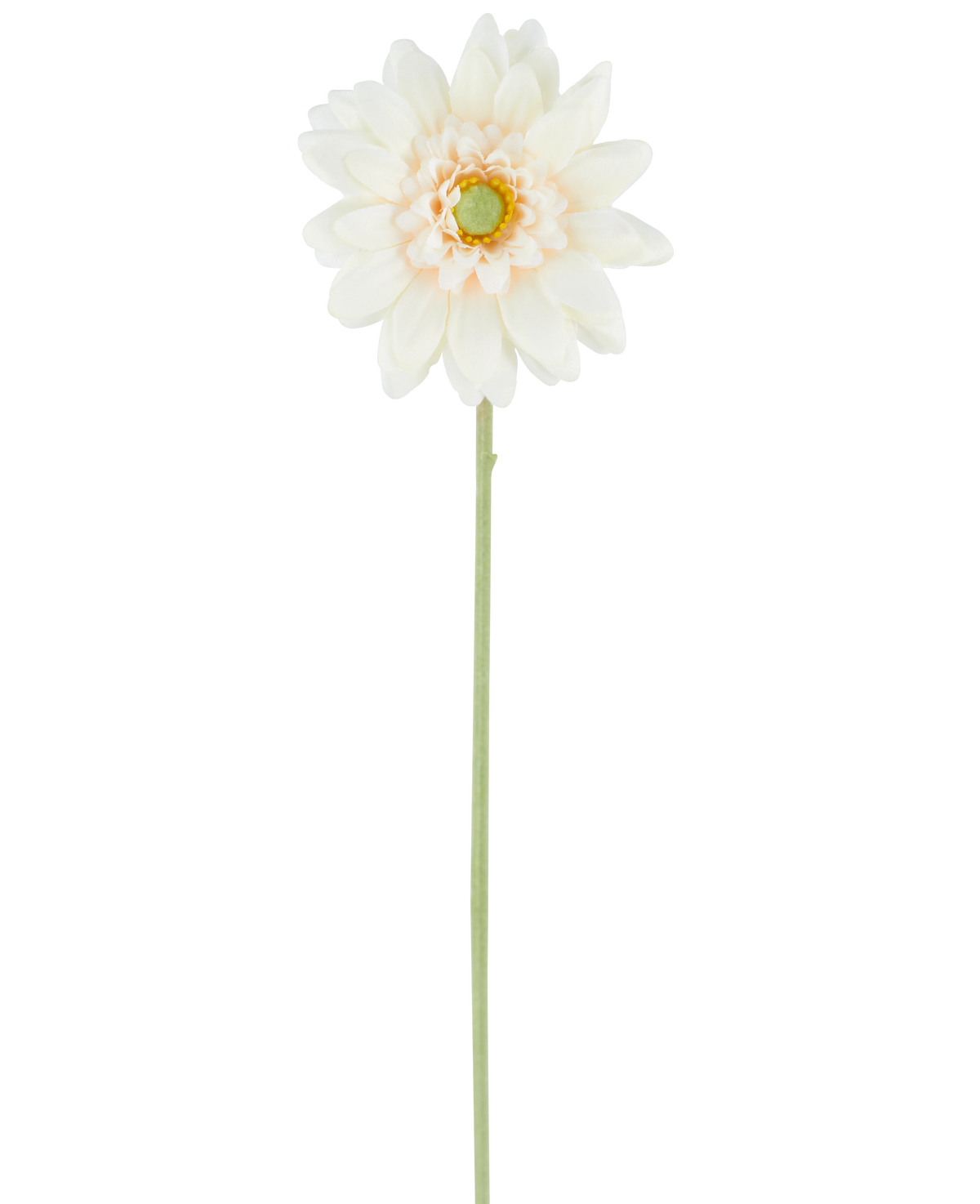 De Kunstbloeme Mini Gerbera 47 cm crème is een enkele kunstbloem in een crèmewitte tint, met gelaagde bloemblaadjes en een groen hart, bevestigd aan een lange, rechte groene steel en gepresenteerd tegen een effen witte achtergrond.