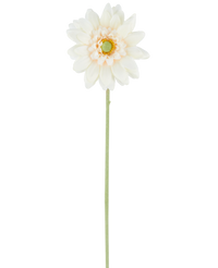 De Kunstbloeme Mini Gerbera 47 cm crème is een enkele kunstbloem in een crèmewitte tint, met gelaagde bloemblaadjes en een groen hart, bevestigd aan een lange, rechte groene steel en gepresenteerd tegen een effen witte achtergrond.