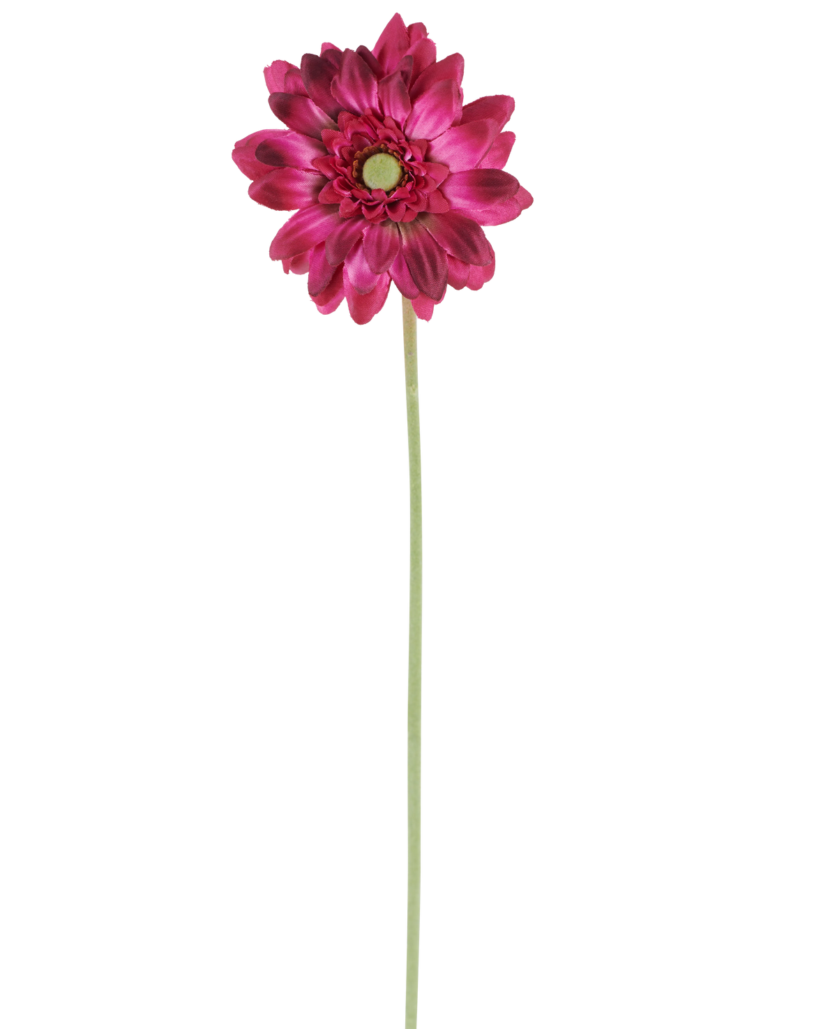 Een enkele Kunstbloeme Mini Gerbera van 47 cm in donkerroze met gelaagde bloemblaadjes en een groen hart op een lange, slanke groene steel, geïsoleerd tegen een witte achtergrond.