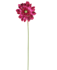 Een enkele Kunstbloeme Mini Gerbera van 47 cm in donkerroze met gelaagde bloemblaadjes en een groen hart op een lange, slanke groene steel, geïsoleerd tegen een witte achtergrond.