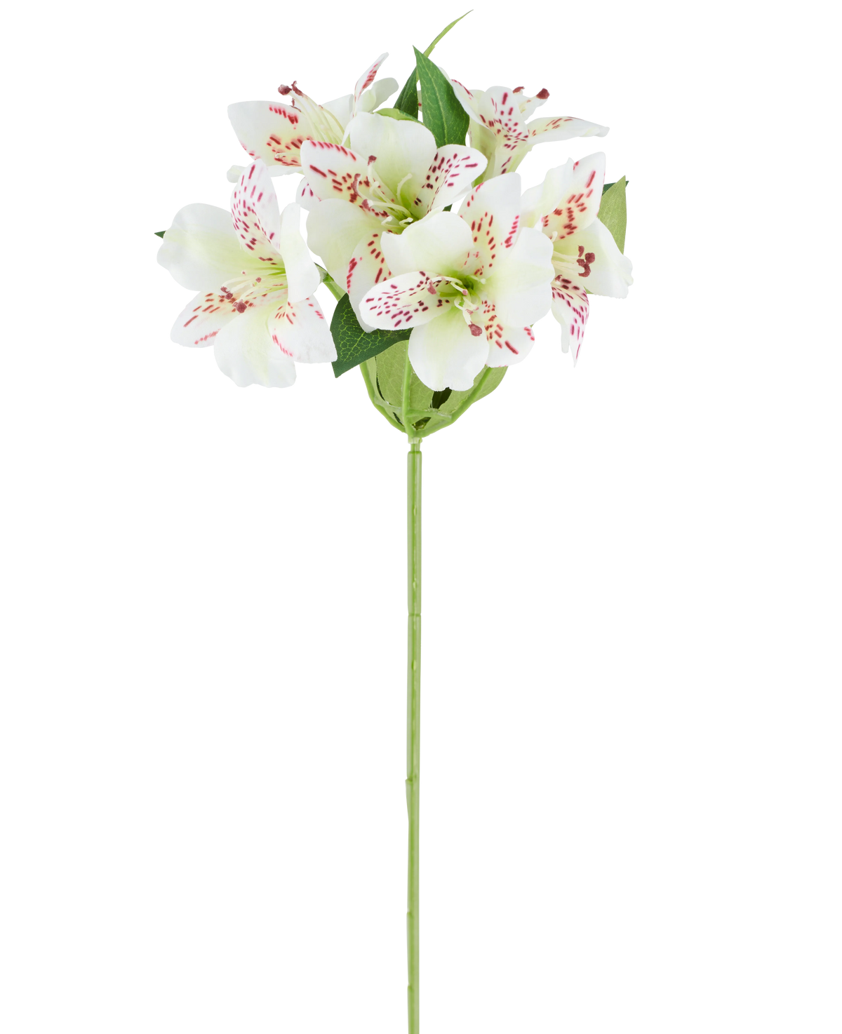 Kunstbloem Alstroemeria 47 cm crèmekleurig met crèmekleurige bloemblaadjes en subtiele rode spikkels, aangevuld met groene bladeren aan een enkele groene steel, afgebeeld tegen een witte achtergrond.