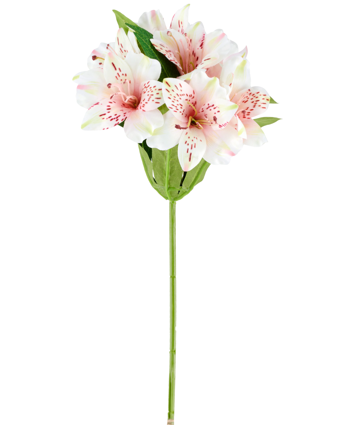 Een kunstbloem Alstroemeria van 47 cm in roze/crème, met lichtroze en witte kunstlelies met groene bladeren en stengel, afgebeeld op een witte achtergrond.