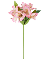 Een enkele Kunstbloem Alstroemeria van 47 cm, roze/crème, met verschillende roze en crèmekleurige bloesems en groene bladeren, afgebeeld tegen een witte achtergrond.