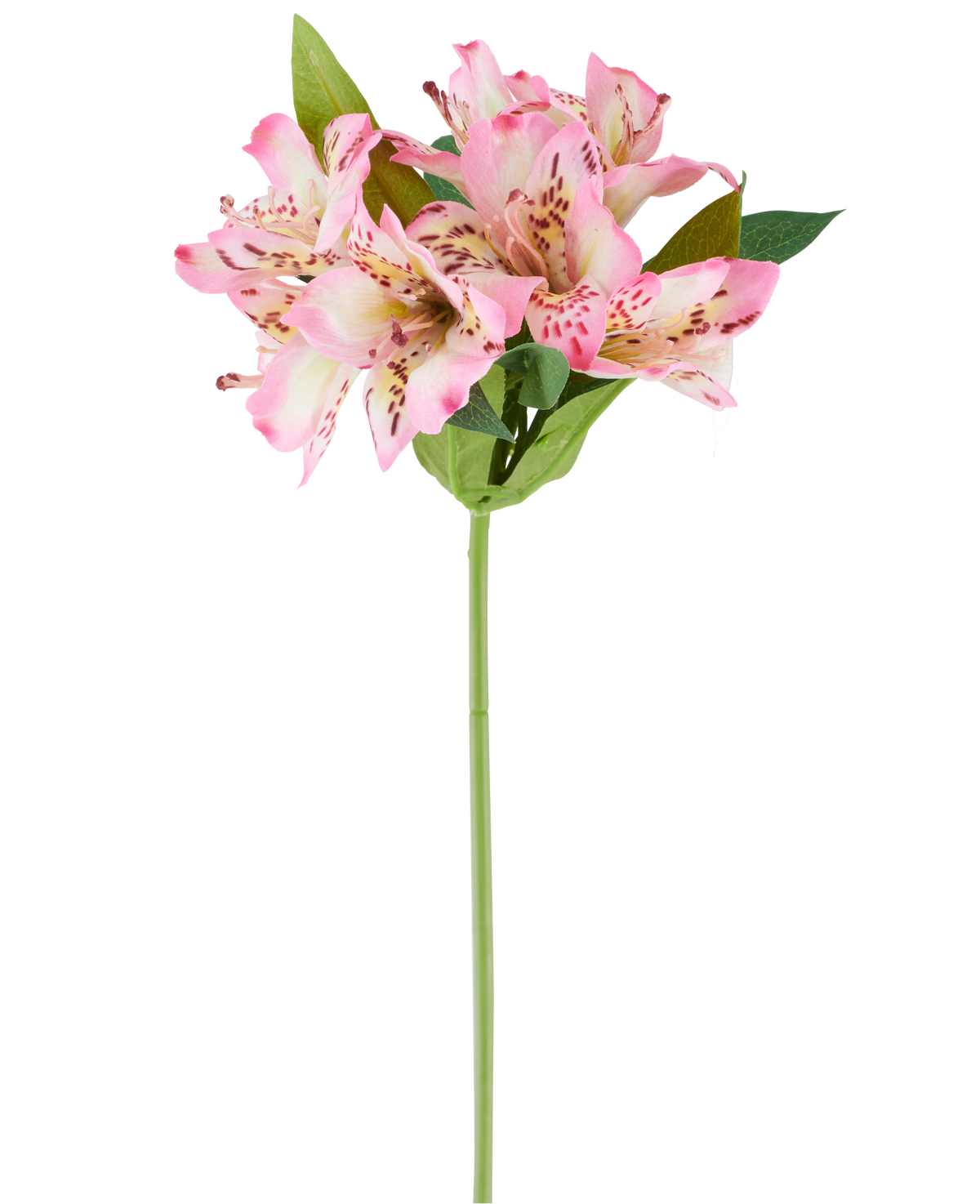 Een enkele Kunstbloem Alstroemeria van 47 cm, roze/crème, met verschillende roze en crèmekleurige bloesems en groene bladeren, afgebeeld tegen een witte achtergrond.
