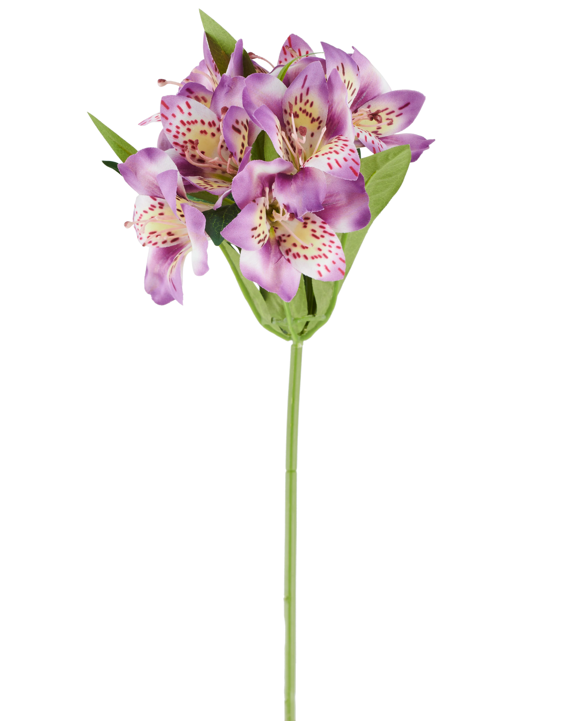 Een enkele Kunstbloem Alstroemeria van 47 cm, lila van kleur, met verschillende paarse bloemen met roze vlekjes, groene bladeren en een groene steel, gefotografeerd tegen een witte achtergrond.