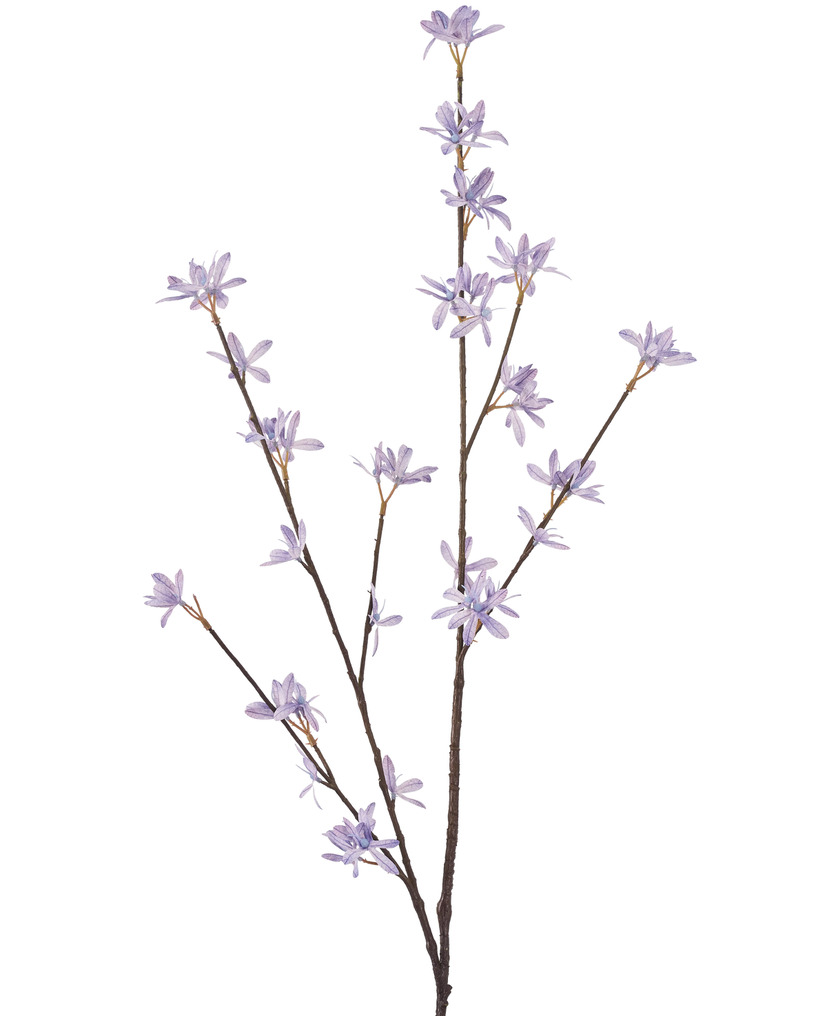 De Kunstbloem Wilde bloemen 112 cm lila heeft drie slanke bruine stelen met delicate paarse bloemen en smalle groene bladeren, tegen een effen witte achtergrond.
