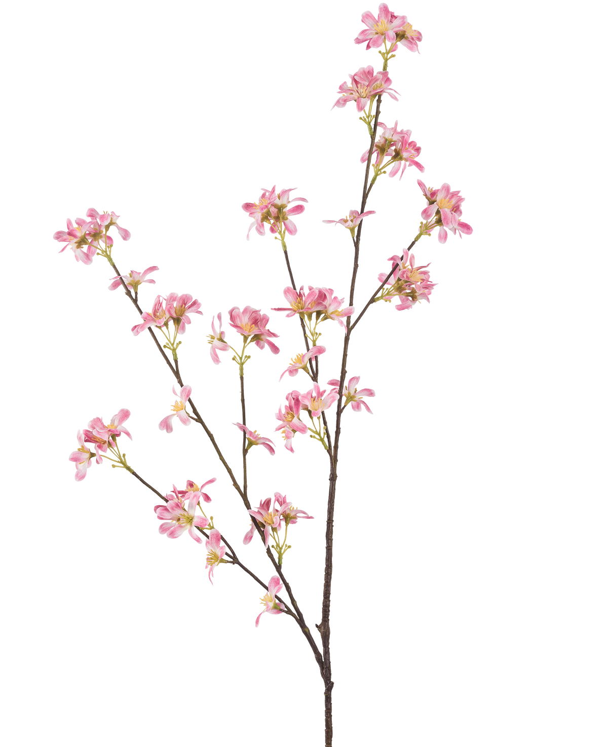 De Kunstbloem Bloemen 112 cm roze heeft een enkele bruine tak met meerdere uitlopers, versierd met trosjes kleine roze bloemen met een geel hart, tegen een effen witte achtergrond.