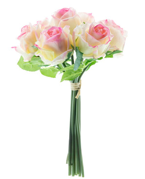 Kunstig Rosebukett 7 Roser Real Touch Krem/Rosa 30 cm